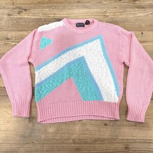 Vintage 1980s pink and pastel abstract Knit Sweater- Coco Loco